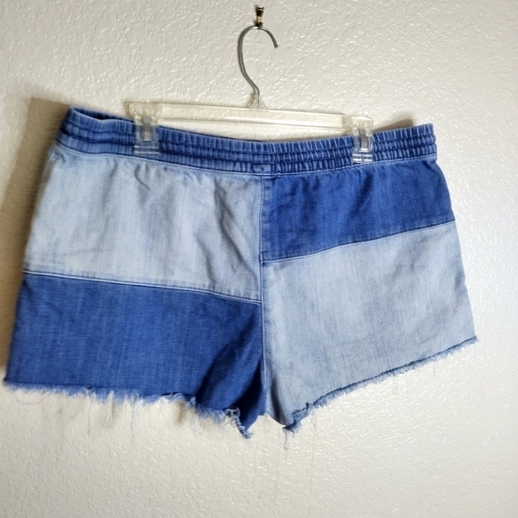 Aerie Shorts Patchwork Denim Drawstring Pull On Stretch Waist Raw Hem sz Xl - Picture 4 of 7